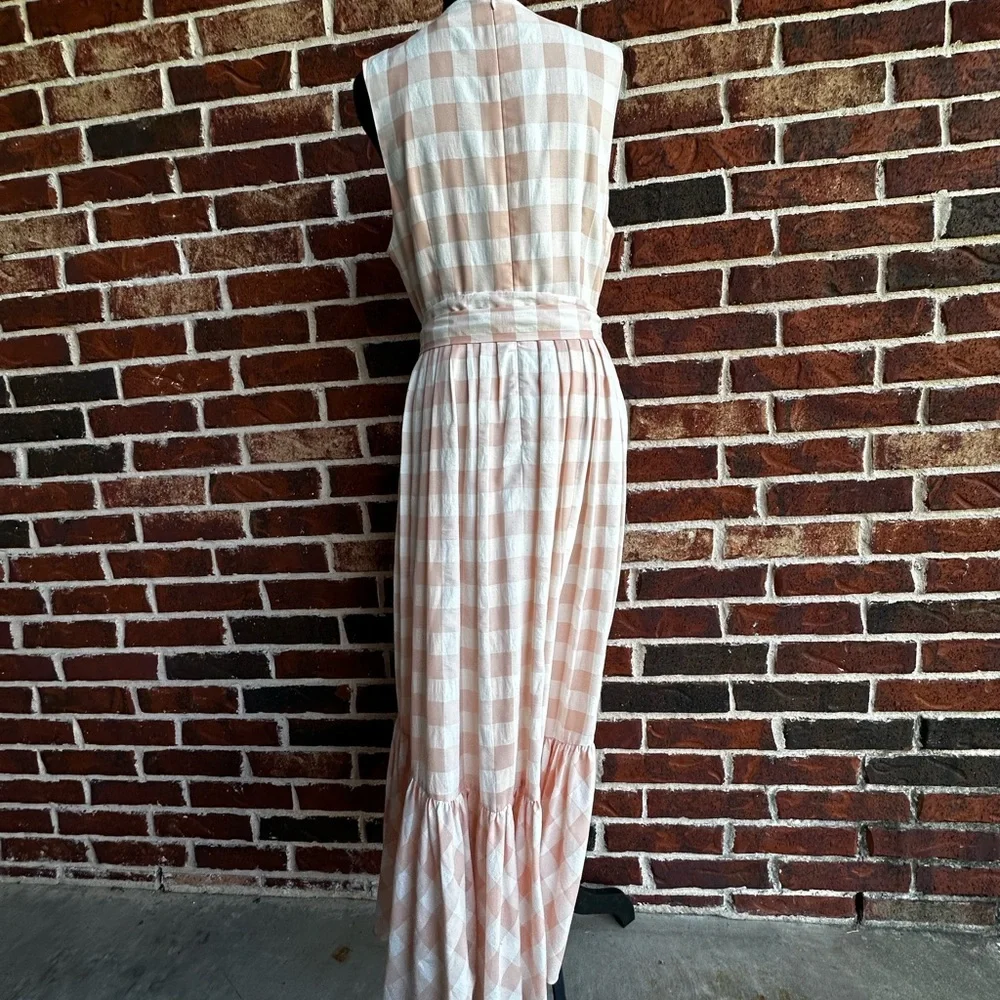 ANTONIO MELANI Peach & White Checked Sleeveless Maxi Dress with Waist Tie - Picture 4 of 5